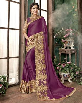 Trendmalls Purple  Shiny Lycra Silk Embroidery Traditional Indian Wedding Bridal Saree With Blouse   1