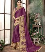 Trendmalls Purple  Shiny Lycra Silk Embroidery Traditional Indian Wedding Bridal Saree With Blouse  