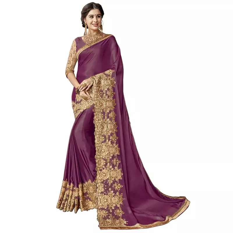Purple embroidered lycra saree with blouse