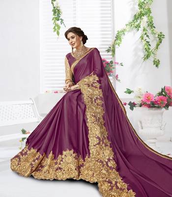 Trendmalls Purple  Shiny Lycra Silk Embroidery Traditional Indian Wedding Bridal Saree With Blouse   2