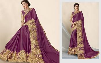 Trendmalls Purple  Shiny Lycra Silk Embroidery Traditional Indian Wedding Bridal Saree With Blouse   3