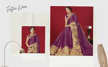 Trendmalls Purple  Shiny Lycra Silk Embroidery Traditional Indian Wedding Bridal Saree With Blouse   4