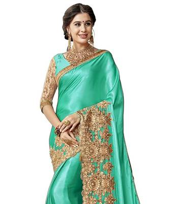 Green embroidered lycra saree with blouse 2