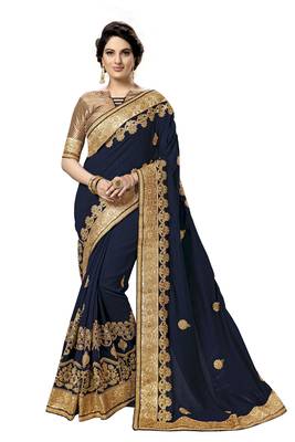 Blue embroidered satin saree with blouse 1