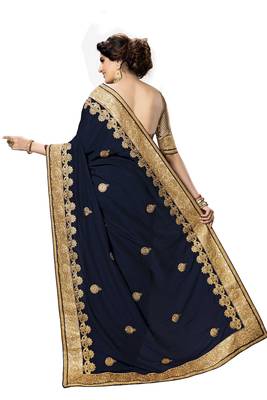 Blue embroidered satin saree with blouse 2