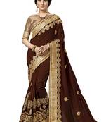 Brown embroidered satin saree with blouse