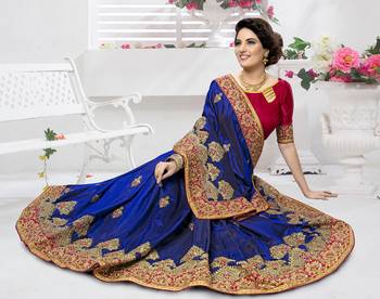 Trendmalls Blue embroidered silk   Traditional Wedding Party Wear Bridal Saree With Blouse   1