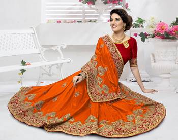 Trendmalls Orange embroidered silk   Traditional Wedding Party Wear Bridal Saree With Blouse   1