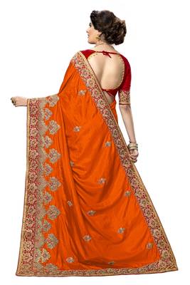 Trendmalls Orange embroidered silk   Traditional Wedding Party Wear Bridal Saree With Blouse   2