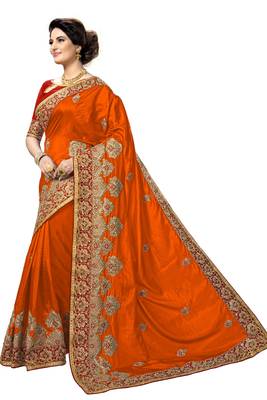 Trendmalls Orange embroidered silk   Traditional Wedding Party Wear Bridal Saree With Blouse   3
