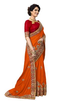 Trendmalls Orange embroidered silk   Traditional Wedding Party Wear Bridal Saree With Blouse   4