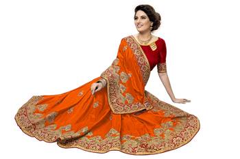 Trendmalls Orange embroidered silk   Traditional Wedding Party Wear Bridal Saree With Blouse   5