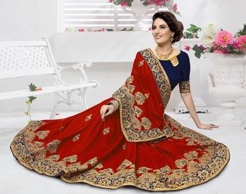 Trendmalls Red embroidered silk   Traditional Wedding Party Wear Bridal Saree With Blouse   1