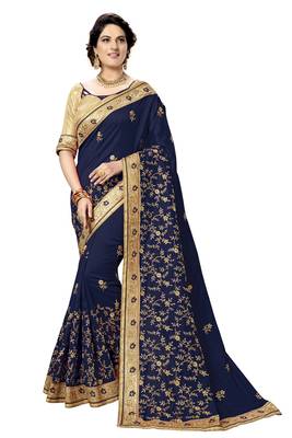 Trendmalls Blue embroidered satin   Traditional Wedding Party Wear Bridal Saree With Blouse   1