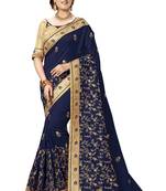 Trendmalls Blue embroidered satin   Traditional Wedding Party Wear Bridal Saree With Blouse  