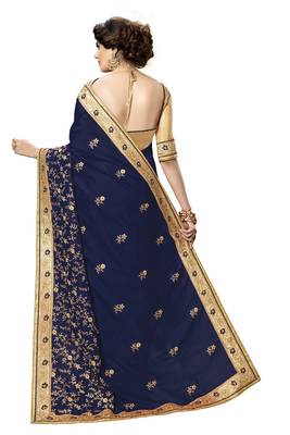 Trendmalls Blue embroidered satin   Traditional Wedding Party Wear Bridal Saree With Blouse   2