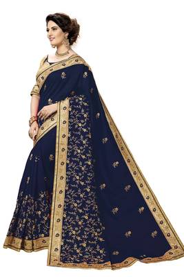 Trendmalls Blue embroidered satin   Traditional Wedding Party Wear Bridal Saree With Blouse   3