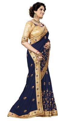 Trendmalls Blue embroidered satin   Traditional Wedding Party Wear Bridal Saree With Blouse   4
