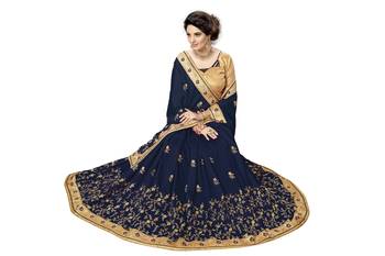 Trendmalls Blue embroidered satin   Traditional Wedding Party Wear Bridal Saree With Blouse   5
