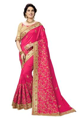 Trendmalls Pink embroidered satin   Traditional Wedding Party Wear Bridal Saree With Blouse   1