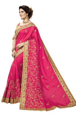 Trendmalls Pink embroidered satin   Traditional Wedding Party Wear Bridal Saree With Blouse   3