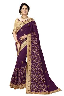 Trendmalls Purple embroidered satin   Traditional Wedding Party Wear Bridal Saree With Blouse   1