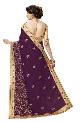 Trendmalls Purple embroidered satin   Traditional Wedding Party Wear Bridal Saree With Blouse   2