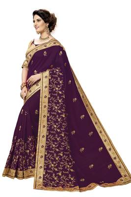 Trendmalls Purple embroidered satin   Traditional Wedding Party Wear Bridal Saree With Blouse   3