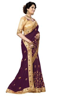 Trendmalls Purple embroidered satin   Traditional Wedding Party Wear Bridal Saree With Blouse   4