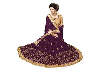 Trendmalls Purple embroidered satin   Traditional Wedding Party Wear Bridal Saree With Blouse   5