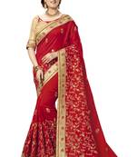 Trendmalls Red embroidered satin   Traditional Wedding Party Wear Bridal Saree With Blouse  