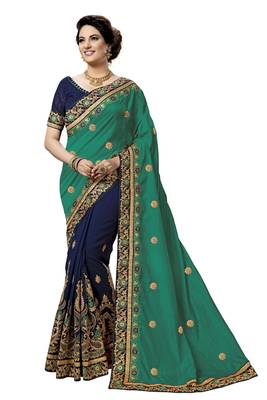 Trendmalls Green embroidered silk  Traditional Wedding Party Wear Bridal Saree with Blouse  1