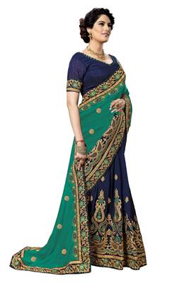 Trendmalls Green embroidered silk  Traditional Wedding Party Wear Bridal Saree with Blouse  4