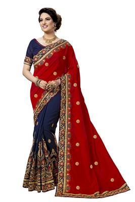 Trendmalls Red embroidered silk  Traditional Wedding Party Wear Bridal Saree with Blouse  1