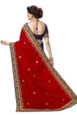 Trendmalls Red embroidered silk  Traditional Wedding Party Wear Bridal Saree with Blouse  2
