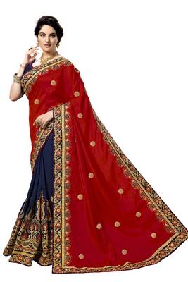 Trendmalls Red embroidered silk  Traditional Wedding Party Wear Bridal Saree with Blouse  3