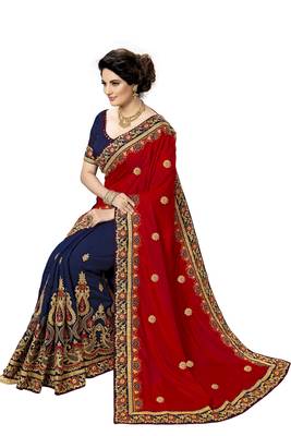 Trendmalls Red embroidered silk  Traditional Wedding Party Wear Bridal Saree with Blouse  5