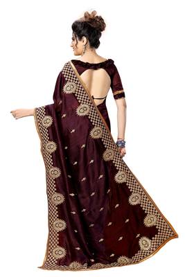 Trendmalls Brown embroidered satin   Traditional Wedding Party Wear Bridal Saree With Blouse   2