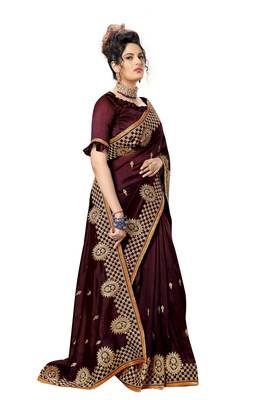 Trendmalls Brown embroidered satin   Traditional Wedding Party Wear Bridal Saree With Blouse   4
