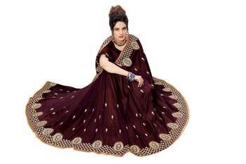 Trendmalls Brown embroidered satin   Traditional Wedding Party Wear Bridal Saree With Blouse   5