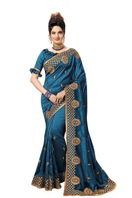 Green embroidered satin saree with blouse 1