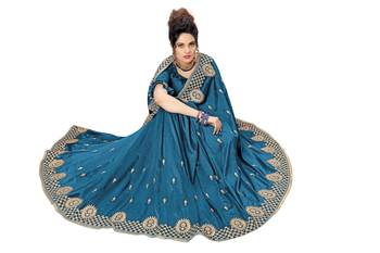 Green embroidered satin saree with blouse 5