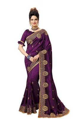 Trendmalls Purple embroidered satin   Traditional Wedding Party Wear Bridal Saree With Blouse   1