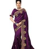 Trendmalls Purple embroidered satin   Traditional Wedding Party Wear Bridal Saree With Blouse  