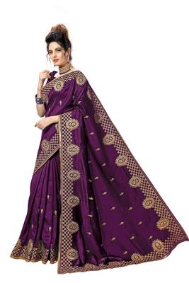 Trendmalls Purple embroidered satin   Traditional Wedding Party Wear Bridal Saree With Blouse   3