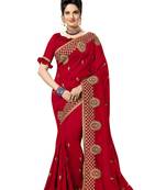 Trendmalls Red embroidered satin   Traditional Wedding Party Wear Bridal Saree With Blouse  
