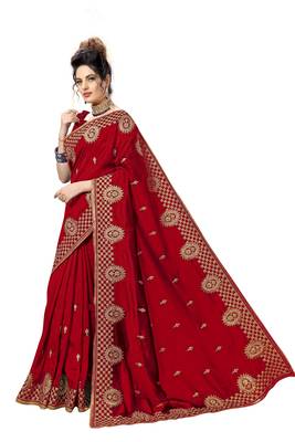 Trendmalls Red embroidered satin   Traditional Wedding Party Wear Bridal Saree With Blouse   3