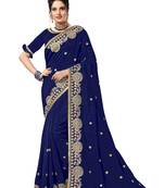 Blue embroidered satin saree with blouse
