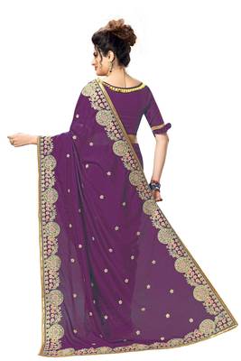 Trendmalls Purple embroidered satin  Traditional Wedding Party Wear Bridal Saree with Blouse  2