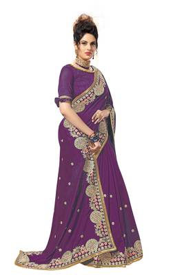 Trendmalls Purple embroidered satin  Traditional Wedding Party Wear Bridal Saree with Blouse  4